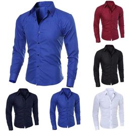 Mens Luxury Casual Social Formal Shirt Lapel Long Sleeve Slim Solid Colour Male Business Dress Polo Shirts Blouse Tops 240307