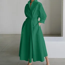 Casual Dresses Women's Fashion Green A-line Shirt Dress Chic And Elegant High Waist Pleated Swing V-neck Office Party Maxi