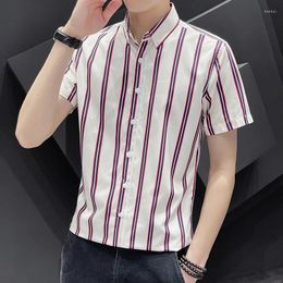 Men's Casual Shirts Summer Button Turn-down Collar Striped Short Sleeve Cardigan Solid Shirt Office Lady Formal Preppy Style Tops