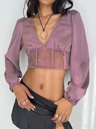 Women's T Shirts HEZIOWYUN Summer Vintage Backless Cropped Tops Purple Lantern Long Sleeve V Neck Sheer Lace Floral Patchwork T-shirt