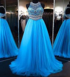 Sexy Elegant Prom Dresses for Pageant Women ALine Princess Jewel Sleeveless Sweep Train Beading Tulle Long Formal Evening Party G7444199