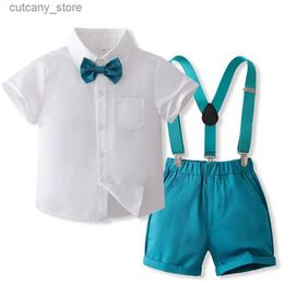 T-shirts Baby Boys Clothes Gentleman Suit Summer Short Sleeve Bow Shirt Tops+Suspenders Shorts 2Pcs Set Formal Boys Children Clothing L240311