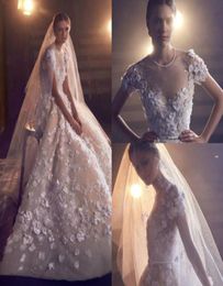 2020 Elie Saab Wedding Dresses Jewel Neck Lace 3D Floral Appliqued Beaded A Line Beach Wedding Dress Short Sleeve Vestidos De Novi3911688