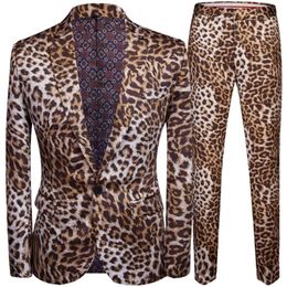 Fashion Mens Casual Boutique Leopard Print Nightclub Style Suit Jacket Pants / Male Two Pieces Blazers Coat Trousers Set 240304