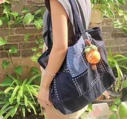 Shopping Bags Small Group Handmade Splicing Fashionable Square Washed Denim Artistic and Casual Shoulder Canvas Tote Bag for Women