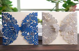 Wishmade 50pcs Glitter Laser Cut Wedding Invitations Cards with Silver Royal Blue Butterfly Lace Flower Design for Birthday Party 7941574