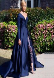 2019 Modest Blue Jumpsuits Two Pieces Prom Dresses One Shoulder Front Side Slit Pantsuit Evening Gowns Party Dress Plus Size Robes2898501