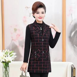 Women's Vests Middle-aged Elderly Spring Autumn Long Plaid Coat Sleeveless Jacket Female Cardigan Waistcoat Outerwear 6XL