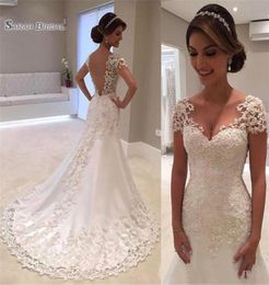 Vintage Lace Mermaid Wedding Dress V Neck Short Sleeves Backless Bridal Gown Vestido De Noiva Casamento Mariag2891595