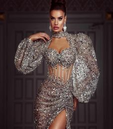 Stunning Silver Sequined Evening Dresses Long Sleeves Mermaid Prom Gowns Side Split Exposed Boning Custom Made Sexy Party Dress7855325