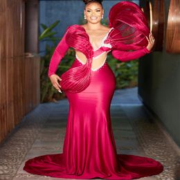 2024 Aso Ebi Burgundy Mermaid Prom Dress Beaded Satin Evening Formal Party Second Reception 50th Birthday Engagement Gowns Dresses Robe De Soiree ZJ149