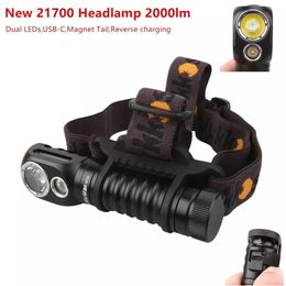 HD20 USB C Rechargeable Headlamp 21700 LED light 2000lm Dual LEDs LH351D XPL with Reverse Charge Magnetic Tail 240227