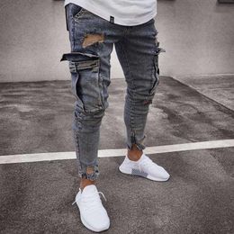 Multi Pocket Men Ripped Skinny Jeans Destroyed Frayed Slim Fit Denim Pant Casual Hole Zipper Nostalgic Blue Pants 663