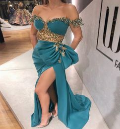 2020 Arabic Aso Ebi Blue Sexy Cheap Evening Dresses Beaded Lace Prom Dresses High Split Formal Party Second Reception Gowns ZJ5225823497