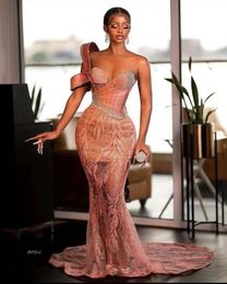 Sparkly Pink Sequins Lace Mermaid Prom Dress Sheer Neck Top Off Shoulder Birthday Evening Party Gowns Sleeveless Sweep Train Robe De Bal BC