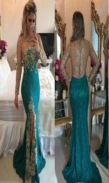 Long Sleeve Turquoise Mermaid Prom Dresses Arabic Style Backless Sparkly Beaded Applique Front Split Sheer Evening Party Gowns 2015465646