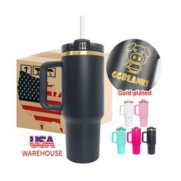 USA warehouse 40oz mirror gold plated tumbler outdoor large capacity multi colors custom laser engraved water bottle vacuum thermos with straw and removable handle