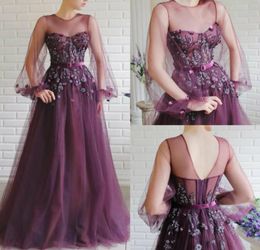 Elegant Evening Dresses Jewel Neck Lace 3D Floral Appliques Beaded Prom Dress Sweep Train Long Sleeves Formal Party Gowns6674741
