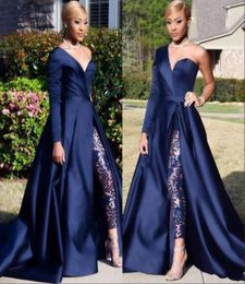 Royal Blue African Jumpsuits Prom Dresses One Shoulder Front Side Slit Pantsuit Evening Gowns Party Dress6101865