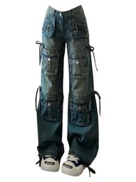 Women BF Style Y2k Streetwear Harajuku Baggy Multi-Pocket Blue Denim Cargo Pants Low Waisted Wide Leg Jeans 2000s Aesthetic Kpop 240311