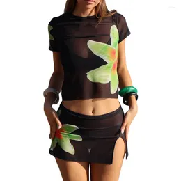 Work Dresses WPNAKS Women Mesh 2 Piece Skirts Set Summer Clothes Floral Sheer Short Sleeve T-shirt And Mini A-line Skirt Sexy Club