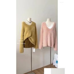 Work Dresses Womens Skirt Sets Vintage Yellow Mohair Sweater And Brown A-Line Mini Female Y2K Elegant Harajuku Suit 2000S Clothes Drop Ot8Dt