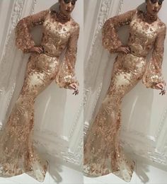 Arabic Champagne Memaid Evening Dress Sheath Gowns Long Sleeve Formal Pageant Prom Dresses 2020 Custom Made7228216