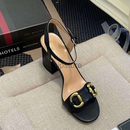 High heels womens sandals new thick heels 7CM everything match one word buckle womens shoes open toe sandals bronze buckle