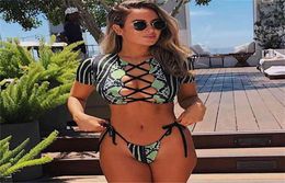 Swimwear Women Short Cap Sleeve Snake Print Bikini Female Swimsuit Stripe Two Pieces String Thong Biquini Set Bathing Suit 2105206716315