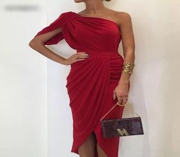 Red One Shoulder Short Sheath Cocktail Dresses 2020 Ruched Ruffles Elegant Knee Length Formal Party Evening Prom Dress5219524