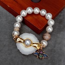 YYGEM 12mm White Sea Shell Pearl Bracelet Natural 35x43mm White Quartz Slice Cz Pave Insect Charm Original Design Jewellery 240305