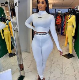 FQLWL White Black Fitness 2 Piece Set Women Suit Sportwear Summer Outfits Long Sleeve Crop Top Leggings Ladies Tracksuit Female