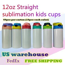 US Warehouse 12oz Kids Sublimation Sippy Cups Blank Straight Tumblers With Mixed Lids Stainnless Steel Drinking Bottle 60pcs carto271s