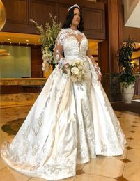 Plus Size Mermaid Long Sleeves Wedding Dresses Jewel Neck Beaded Bridal Gowns With Detachable Train Appliqued Trumpet Satin robe d1439492