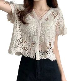 Women's T-Shirt Women Summer French Style Short Sle Lace Shrug Hollow Out Crochet Knit Bolero Cardigan V-Neck Button Down Sheer Crop Top 13MC 240311