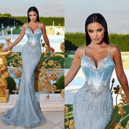 Light Blue Mermaid Prom Dress Spaghetti Crystal Formal Evening Dresses Elegant Bodice Party Gowns For Special Ocns Floor Length Robe De Soiree
