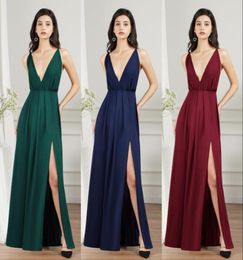 Lowest Chiffon Bridesmaid Dresses Summer Beach Bohemian Maid of Honor Gowns Sexy Backless Split Plunging V Neck Women Party 4766262