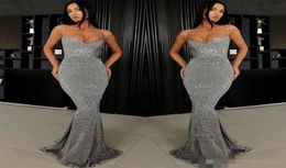 Sparkly Silver Grey Sequins Prom Dresses Long Mermaid with Spaghetti Straps 2019 Custom Made Plus Size Evening Formal Wear Party G6664945