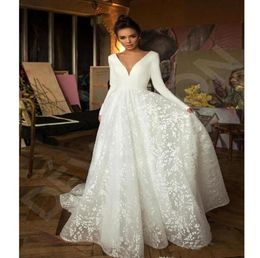 2020 Boho Modern Long Sleeve Princess Wedding Dresses V Neck Covered Button Backless Lace Train Bridal Gown Vestido de Novia BC2474787259