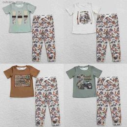 T-shirts Wholesale Baby Boy Short Sleeves T-shirts Tee Tops Children Kids Infant Camo Pocket Pants Trousers Sets Toddler Hunting Outfit L240311