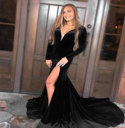 Sexy Deep VNeck Long Sleeve Mermaid Black Velvet Evening Dresses with Slit Robe De Soiree Floor Length Zipper Prom Gowns Vestido 8507905