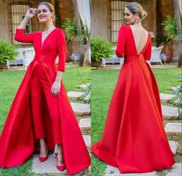 2019 Elegant Red Evening Gowns with Detachable Train Vneck Long Sleeves Backless Custom Jumpsuits Women Formal Prom Party Dress5988347