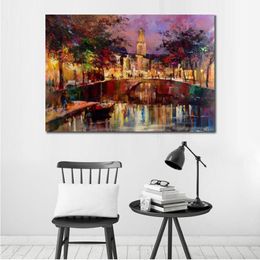 Modern Landscape Oil Painting Canal in Utrecht Hand Painted City Scape Canvas Willem Haenraets Artwork Reproduction Colourful Bridg255o