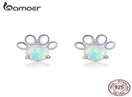 100 Real 925 Sterling Silver Pet Paw Footprint Opal Stud Earrings for Women Wedding Statement Fashion Jewelry BSE3 2201081048693