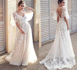 Boho Wedding Dress Lace ALine White Simple Bohemian Beach Dresses Sexy Backless V Neck Floor Length Summer Vestidos BC28365992250