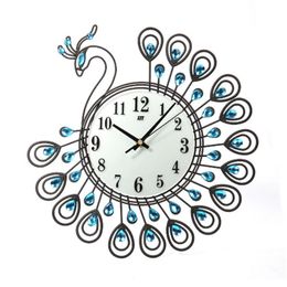 Home Decor Creative Gold Peacock Large Wall Clock Metal Living Room Wall Watch2753