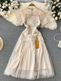 Retro Fairy Mesh Flower Embroidery Princess Dress Beige Short Sleeve Patchwork Tassel Pendant Party Midi Women Clothing Vestidos 240309