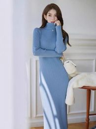 Autumn Winter White Sweater Dresses Fashion Female Black Long Sleeve Skinny Casual Blue Turtleneck Kintted Wrap Hip Dress Women240311