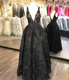 2020 New 3D Floral Appliques Evening Gowns Lace Sexy V Neck Prom Dress Bead Plus Size Little Black Formal Dresses 14933621376