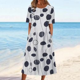 Casual Dresses Dress Floral Print O Neck Midi With Pockets For Women Soft Breathable A-line Summer Short Sleeves Mid-calf